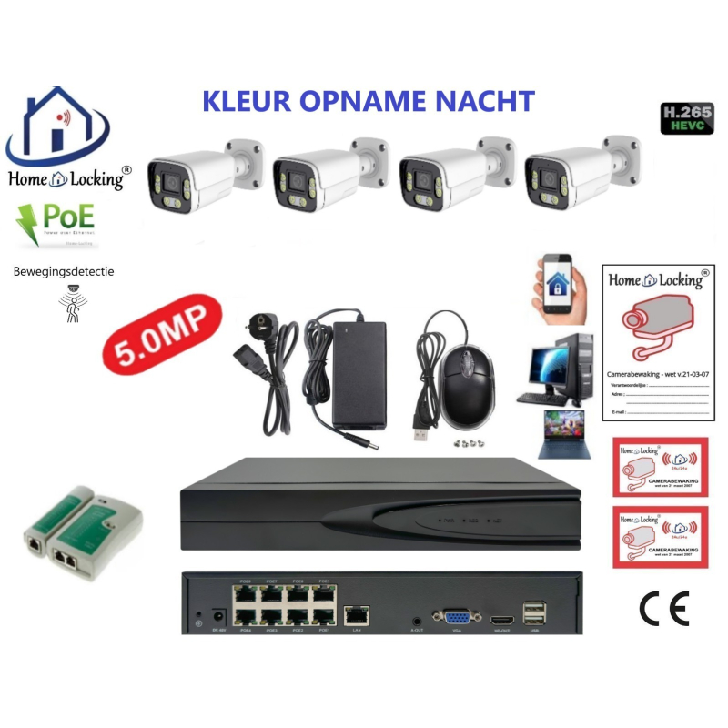 Home-Locking camerasysteem met bewegingsdetectie en NVR 8ch 8.0MP H265 POE met 4 bullet camera's 1944P 5.0MP. CS-4-1603KL