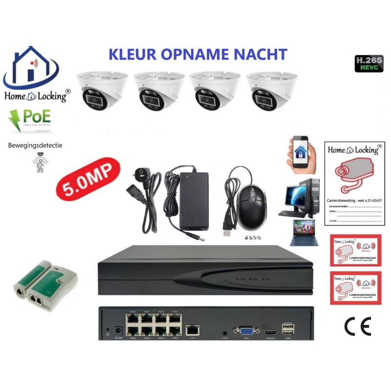 Home-Locking camerasysteem met bewegingsdetectie en NVR 8ch 8.0MP H265 POE met 4 dome camera's 1944P 5.0MP. CS-4-1605KL