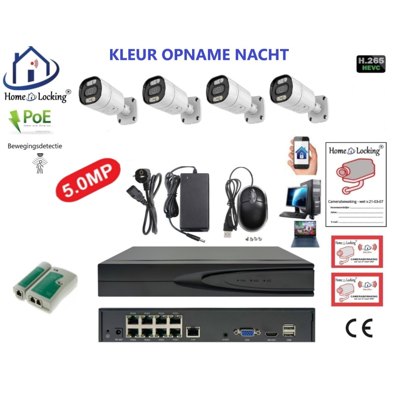 Home-Locking camerasysteem met bewegingsdetectie en NVR 8ch 8.0MP H265 POE met 4 bullet camera's 1944P 5.0MP. CS-4-1606KL
