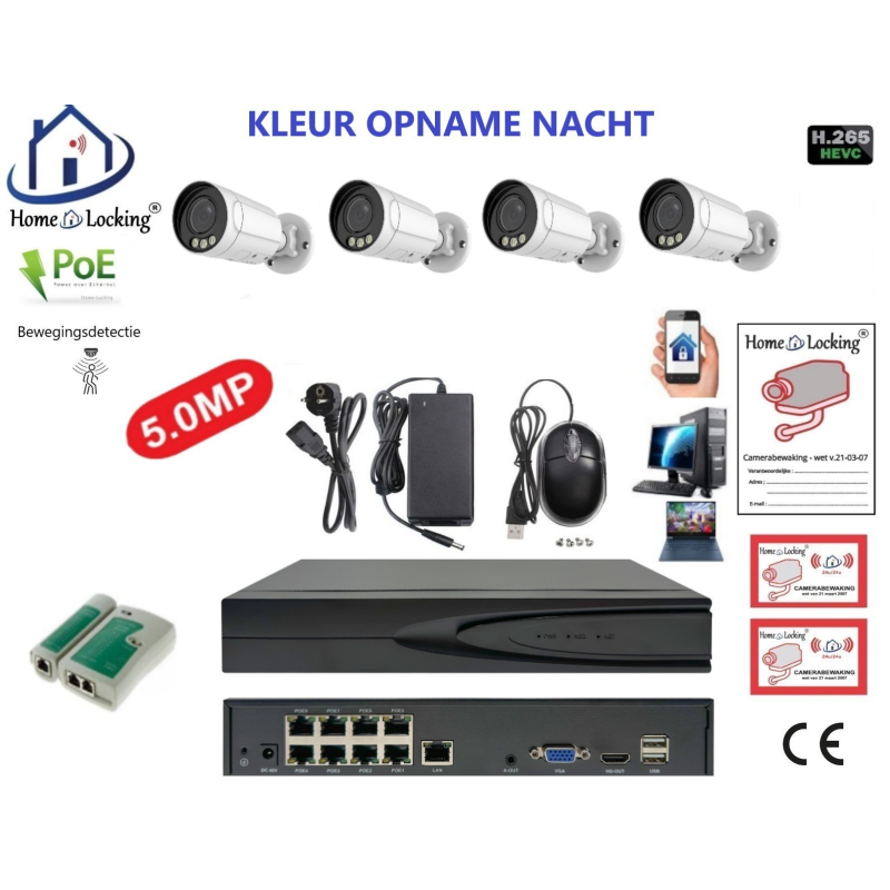 Home-Locking camerasysteem met bewegingsdetectie en NVR 8ch 8.0MP H265 POE met 4 bullet camera's 1944P 5.0MP. CS-4-1607KL