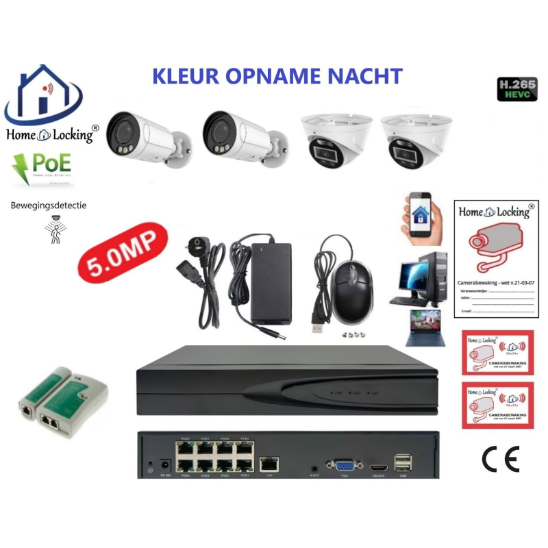 Home-Locking camerasysteem met bewegingsdetectie en NVR 8ch 8.0MP H265 POE met 2 bullet en 2 dome camera's 1944P 5.0MP. CS-4-1608KL