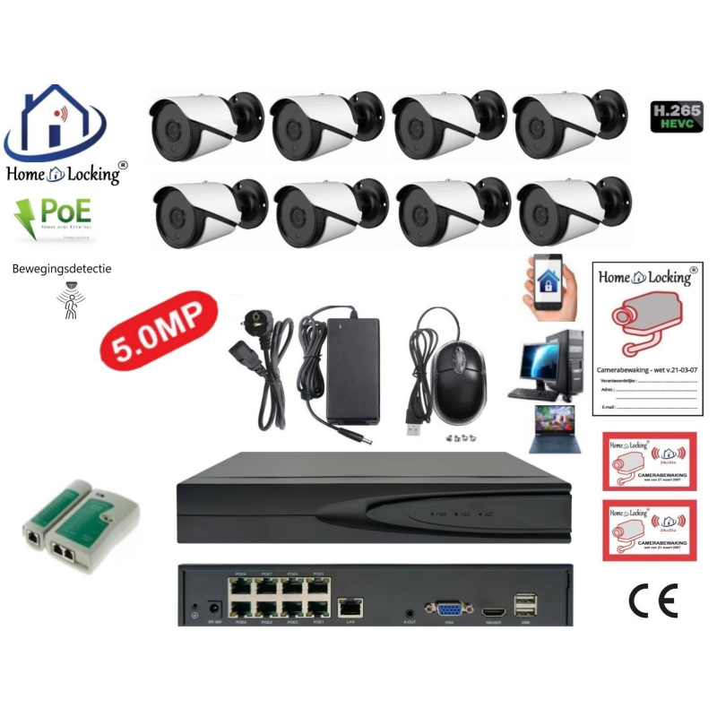 Home-Locking camerasysteem met bewegingsdetectie en NVR 8ch 8.0MP H265 POE met 8 bullet metaal camera's 1944P 5.0MP CS-8-1451