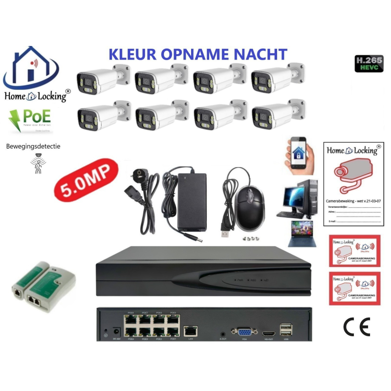 Home-Locking camerasysteem met bewegingsdetectie en NVR 8ch 8.0MP H265 POE met 8 bullet camera's 1944P 5.0MP. CS-8-1603KL