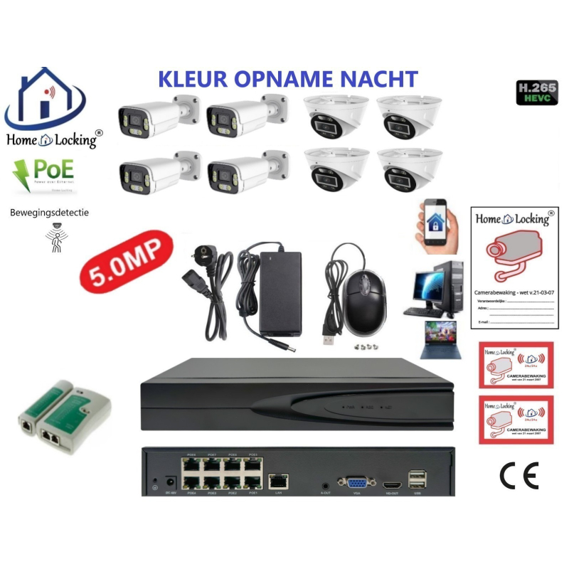 Home-Locking camerasysteem met bewegingsdetectie en NVR 8ch 8.0MP H265 POE met 4 dome en 4 bullet camera's 1944P 5.0MP. CS-8-1604KL