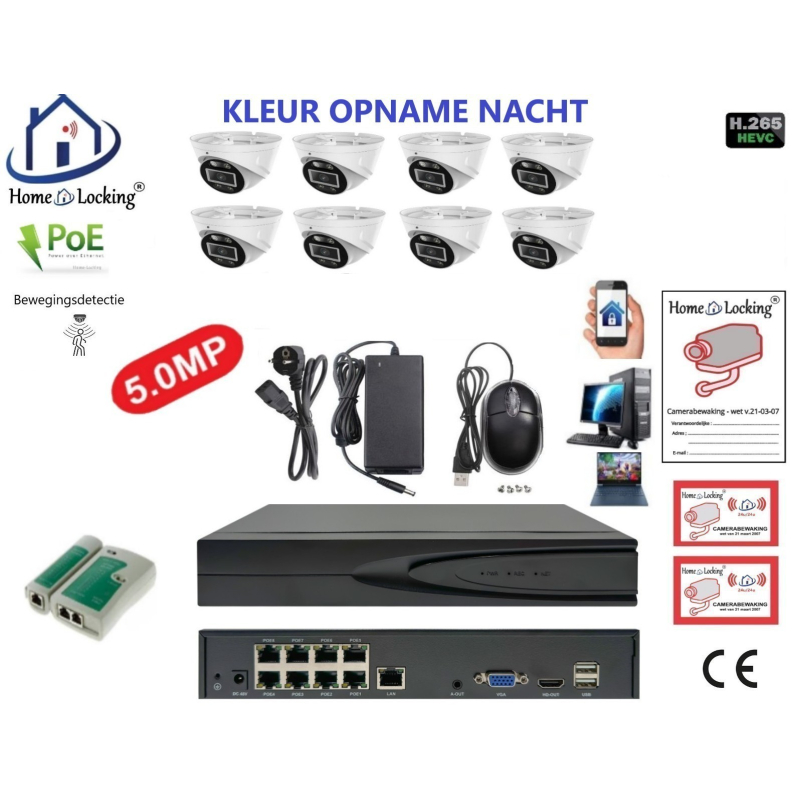 Home-Locking camerasysteem met bewegingsdetectie en NVR 8ch 8.0MP H265 POE met 8 dome camera's 1944P 5.0MP. CS-8-1605KL