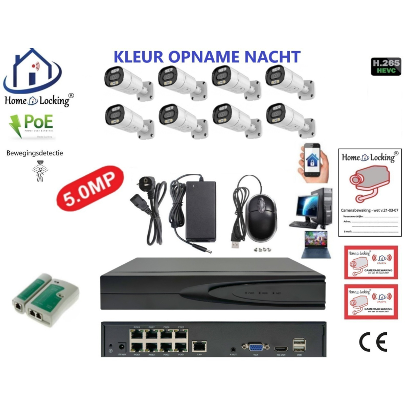 Home-Locking camerasysteem met bewegingsdetectie en NVR 8ch 8.0MP H265 POE met 8 bullet camera's 1944P 5.0MP. CS-8-1606KL