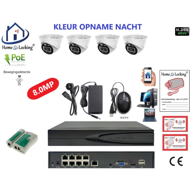Home-Locking camerasysteem met bewegingsdetectie en NVR 8ch 8.0MP H265 POE met 4 dome camera's 2160P 8.0MP. CS-4-1600KL