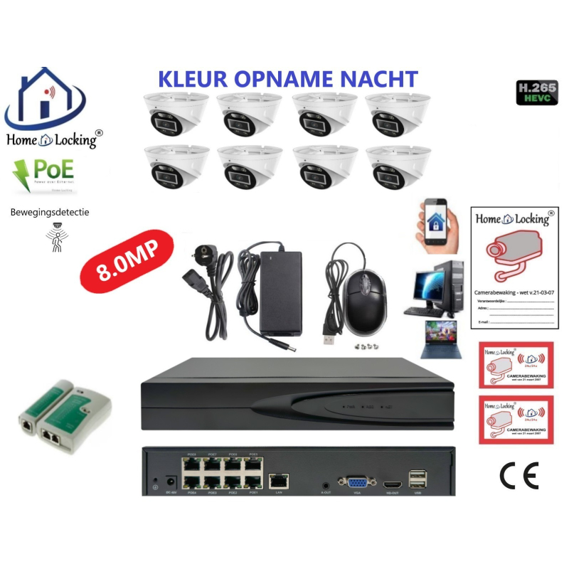 Home-Locking camerasysteem met bewegingsdetectie en NVR 8ch 8.0MP H265 POE met 8 dome camera's 2160P 8.0MP. CS-8-1600KL