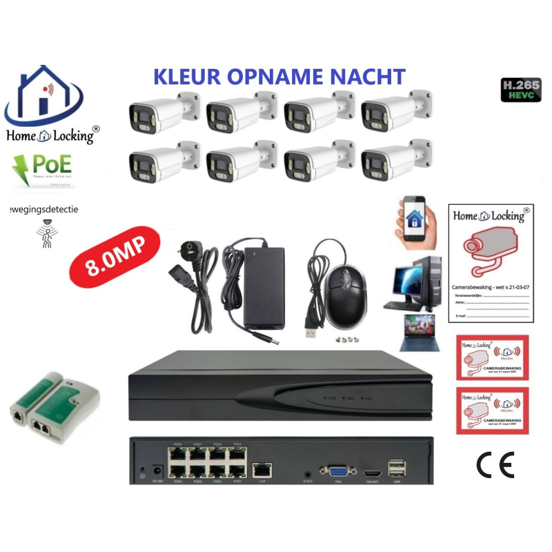 Home-Locking camerasysteem met bewegingsdetectie en NVR 8ch 8.0MP H265 POE met 8 bullet camera's 2160P 8.0MP. CS-8-1602KL