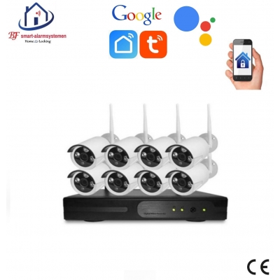 Smart WiFI set van 8 bullet ip-camera's 2.0MP met NVR draadloos werkt met Amazon Alexa / Google Assistance.T-2057
