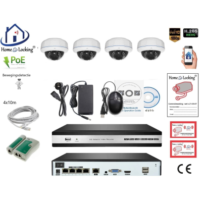 Home-Locking camerasysteem met bewegingsdetectie en NVR 5.0MP H.265 POE en 4 dome camera's 3.0MP CS-4-1402D Home-Locking camerasysteem met bewegingsdetectie en NVR 5.0MP H.265 POE en 4 dome camera's 3.0MP CS-4-1402D