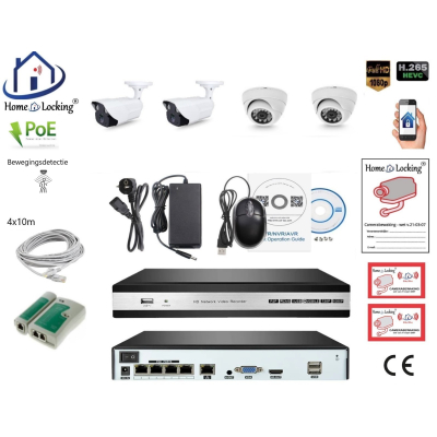 Home-Locking camerasysteem met bewegingsdetectie en NVR 5.0MP H265 POE met 2 dome en 2 bullet camera's 3.0MP CS-4-1411D Home-Locking camerasysteem met bewegingsdetectie en NVR 5.0MP H265 POE met 2 dome en 2 bullet camera's 3.0MP CS-4-1411D