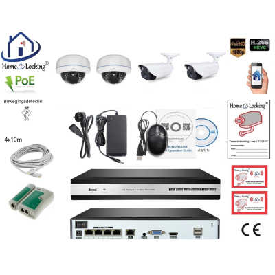 Home-Locking camerasysteem met bewegingsdetectie en NVR 5.0MP H.265 POE en 2 dome en 2 bullet camera's 3.0MP CS-4-1446D Home-Locking camerasysteem met bewegingsdetectie en NVR 5.0MP H.265 POE en 2 dome en 2 bullet camera's 3.0MP CS-4-1446D