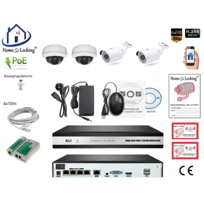 Home-Locking camerasysteem met bewegingsdetectie en NVR 5.0MP H.265 POE en 2 dome en 2 bullet camera's 3.0MP CS-4-1447D Home-Locking camerasysteem met bewegingsdetectie en NVR 5.0MP H.265 POE en 2 dome en 2 bullet camera's 3.0MP CS-4-1447D