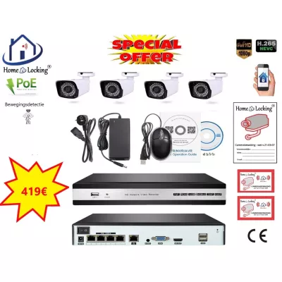 Home-Locking camerasysteem met bewegingsdetectie en NVR 5.0MP H.265 POE en 4 bullet camera's 3.0MP CS-4-1531 Home-Locking camerasysteem met bewegingsdetectie en NVR 5.0MP H.265 POE en 4 bullet camera's 3.0MP CS-4-1531
