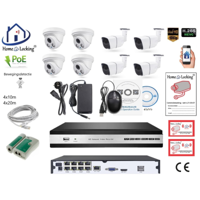 Home-Locking camerasysteem met NVR 5.0MP H265 POE met 4 dome en 4 bullet camera's 1944P 5.0MP. CS-8-1457 Home-Locking camerasysteem met NVR 5.0MP H265 POE met 4 dome en 4 bullet camera's 1944P 5.0MP. CS-8-1457