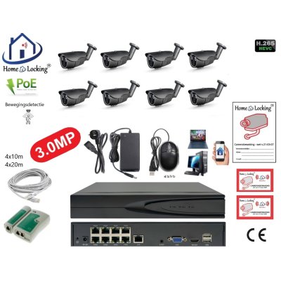Home-Locking camerasysteem met NVR 8ch 8.0MP H265 POE met 8 bullet metaal camera's 3.0MP. CS-8-494D 