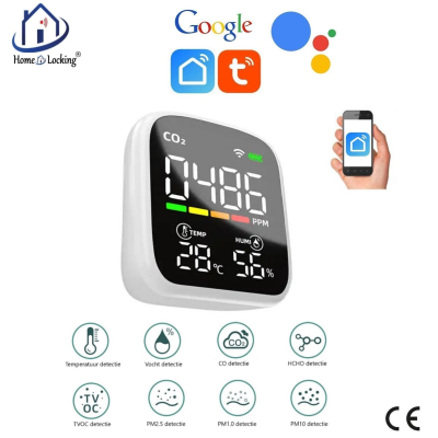 Home-locking WiFi temperatuur/vochtmeter en CO detectie met bediening via Smart Life APP werkt met Alexa en Google spraaksturing. T-2059
