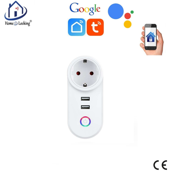 Home-locking WiFi universele stopcontact met 2 x USB aansluitingen en bediening via Smart Life APP werkt met Alexa en Google spraaksturing. T-2065
