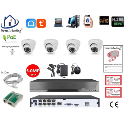 Home-Locking PoE camerasysteem met NVR 5.0MP , 8ch H265 met 4 of 8 dome PoE camera's 1944P 5.0MP. T-527 Home-Locking PoE camerasysteem met NVR 5.0MP , 8ch H265 met 4 of 8 dome PoE camera's 1944P 5.0MP. T-527