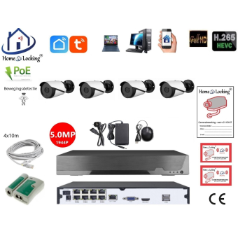 Home-Locking PoE camerasysteem met NVR 5.0MP , 8ch H265 met 4 of 8 bullet PoE camera's 1944P 5.0MP. T-530